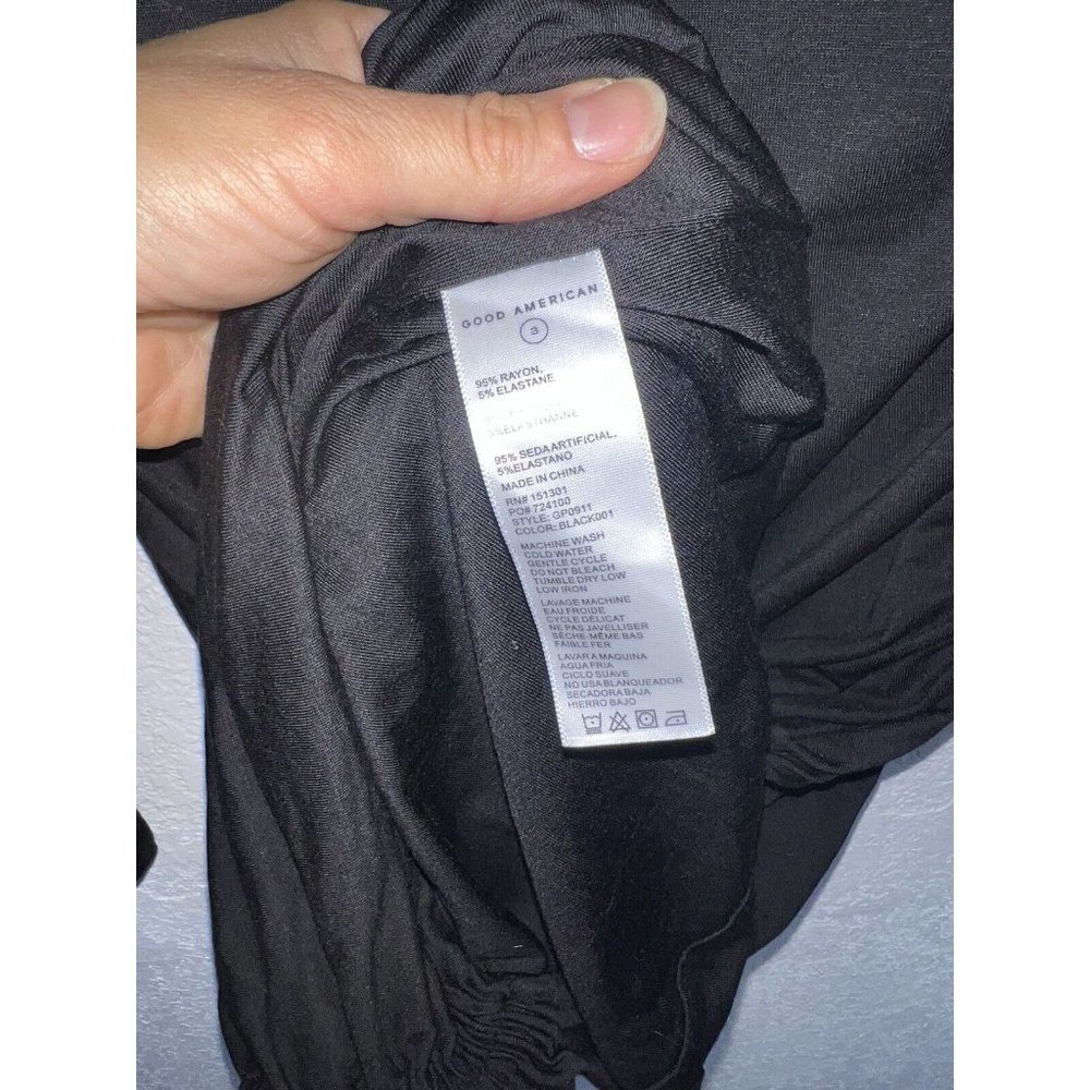 GOOD American Dress Size 3 Large Black Midi Slinky Ruched Jersey Long Sleeve T - Picture 10 of 13